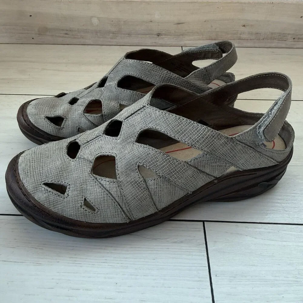 Bionica Maclean 2 Slingback Fisherman Womens Size 8.5 Gray Leather Wedge Sandals